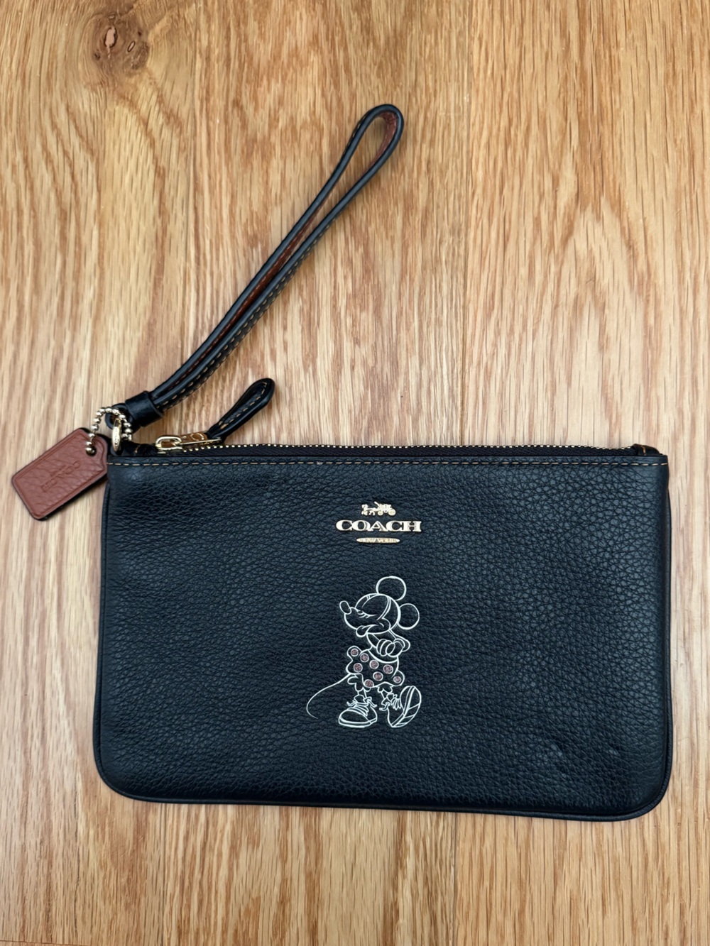 Disney Black Pebble Leather Wristlet with White Mickey Outline